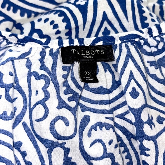 Talbots Women's 2XL Tunic Blouse Beaded V-Neck Long Sleeves Blue White Cotton - Picture 4 of 6